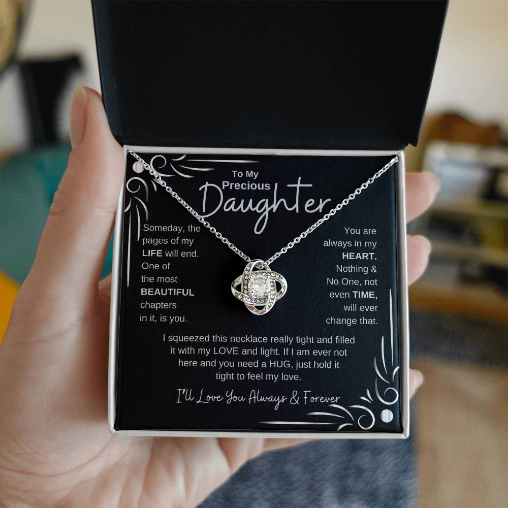 To My Precious Daughter | Love Knot Necklace | White on Black